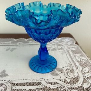 Thumbprint Ruffled Compote Candy Dish Vintage Glass Pedestal Blue 6" Tall
